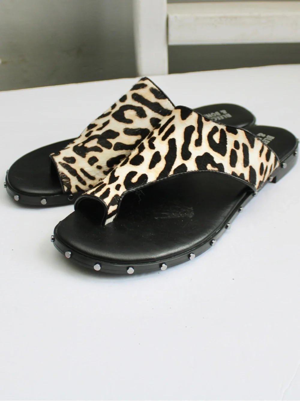 BLEECKER & BOND Heidi Cowhide Calf-Hair Leopard Studded Sandals Size 8.5